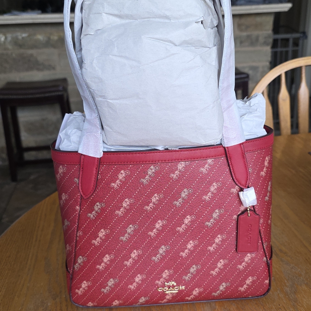 Coach Horse and Carriage Tote 27 Dot 99 Print Coated Canvas Deep Red Large Bag - Picture 7 of 9